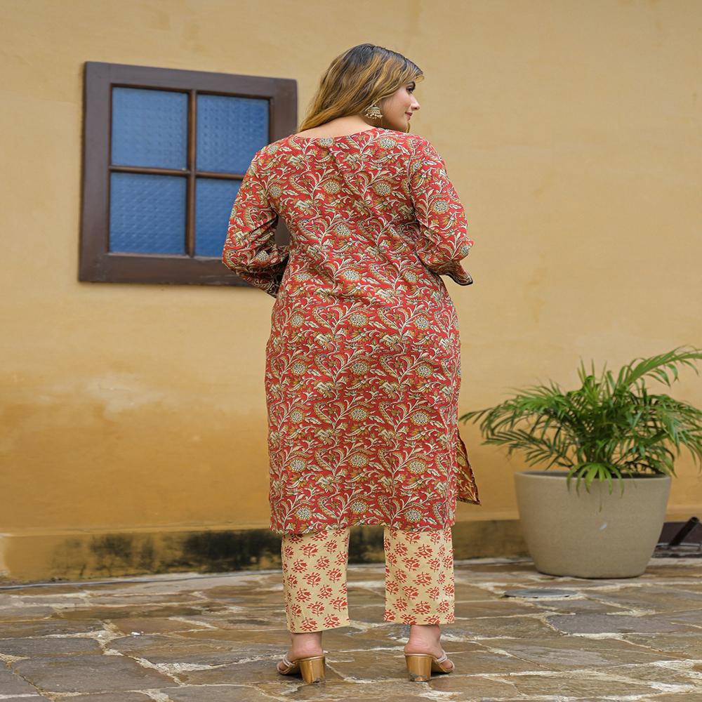 Divena Maroon Hand Block Cotton Straight Kurta Pant With Dupatta