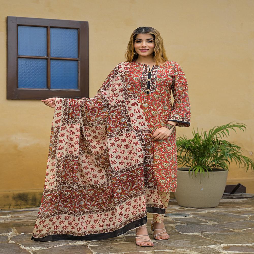 Divena Maroon Hand Block Cotton Straight Kurta Pant With Dupatta