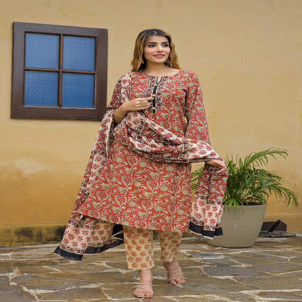 Divena Maroon Hand Block Cotton Straight Kurta Pant With Dupatta