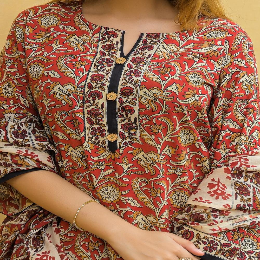 Divena Maroon Hand Block Cotton Straight Kurta Pant With Dupatta