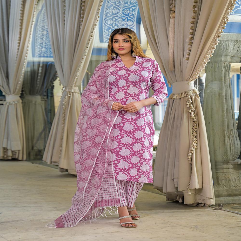 Divena Pink Hand Block Cotton Straight Kurta Pant With Dupatta