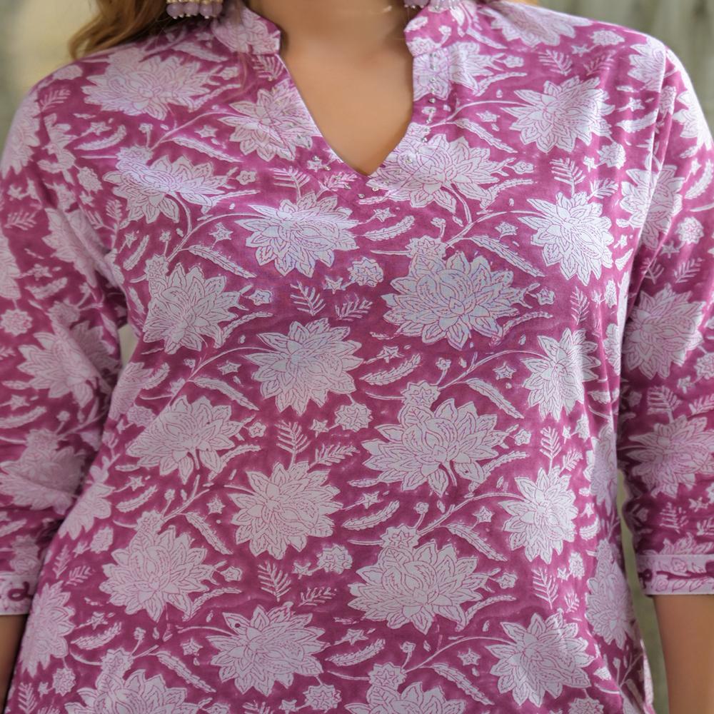 Divena Pink Hand Block Cotton Straight Kurta Pant With Dupatta