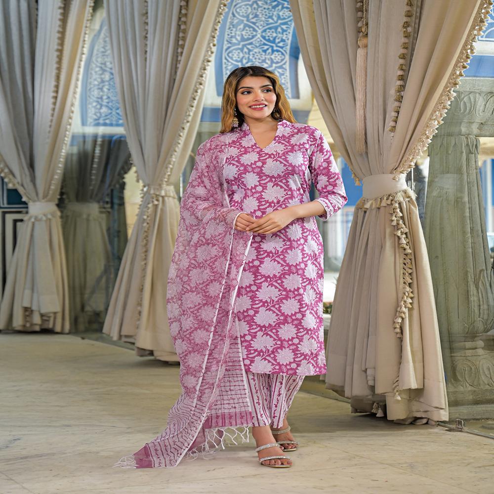 Divena Pink Hand Block Cotton Straight Kurta Pant With Dupatta