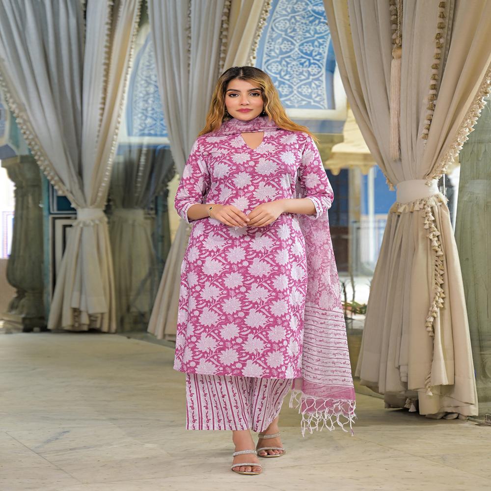 Divena Pink Hand Block Cotton Straight Kurta Pant With Dupatta