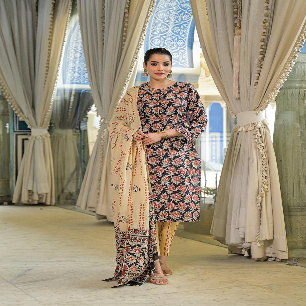 Divena Black Hand Block Cotton Straight Kurta Pant With Dupatta