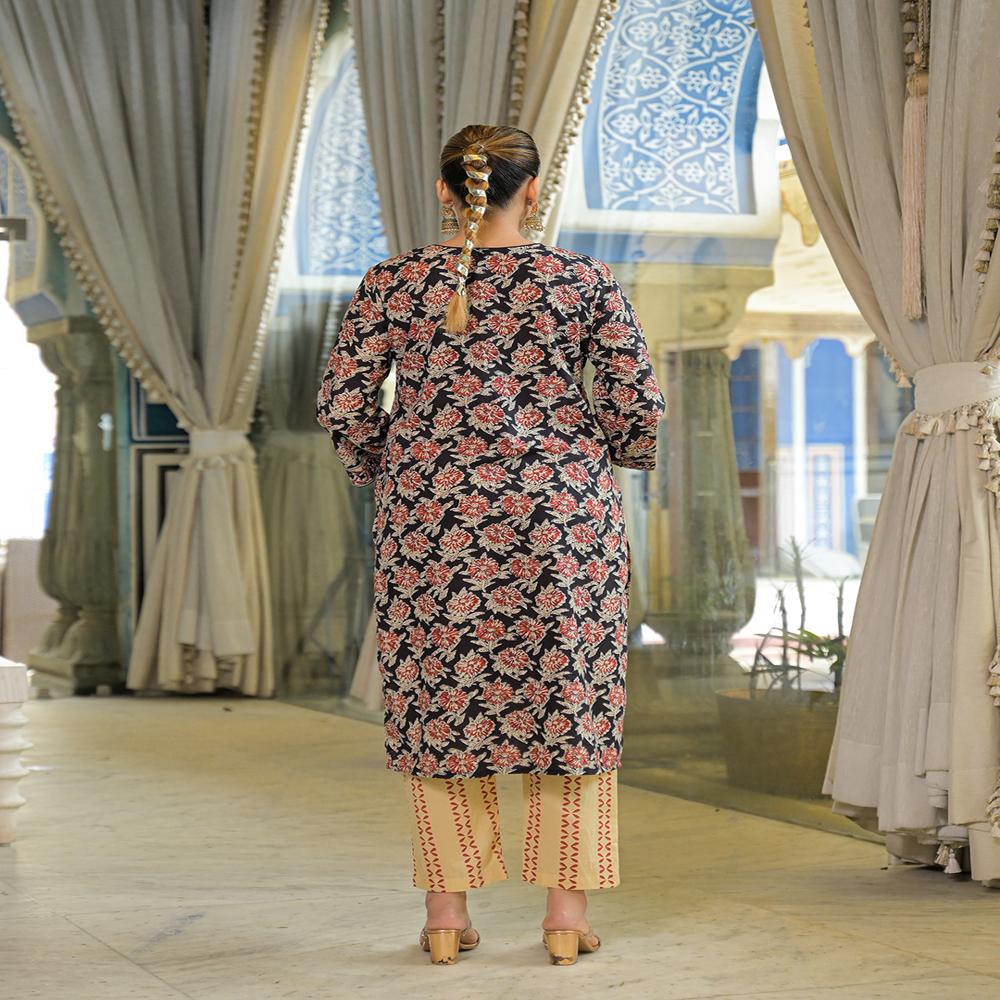 Divena Black Hand Block Cotton Straight Kurta Pant With Dupatta