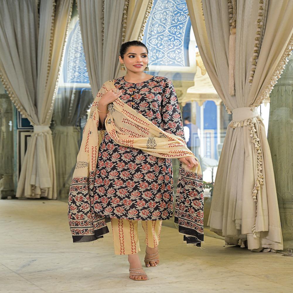 Divena Black Hand Block Cotton Straight Kurta Pant With Dupatta