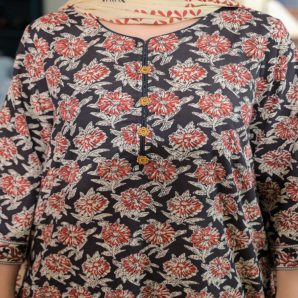 Divena Black Hand Block Cotton Straight Kurta Pant With Dupatta