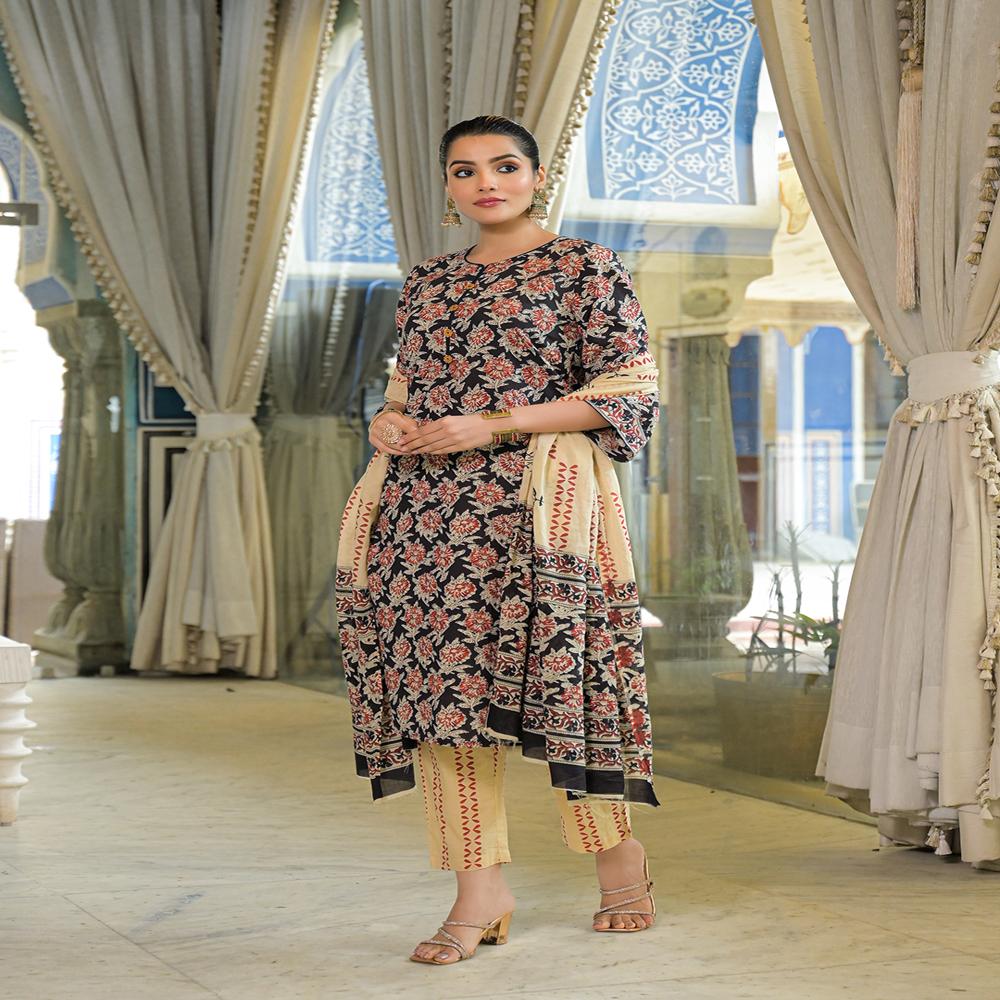 Divena Black Hand Block Cotton Straight Kurta Pant With Dupatta