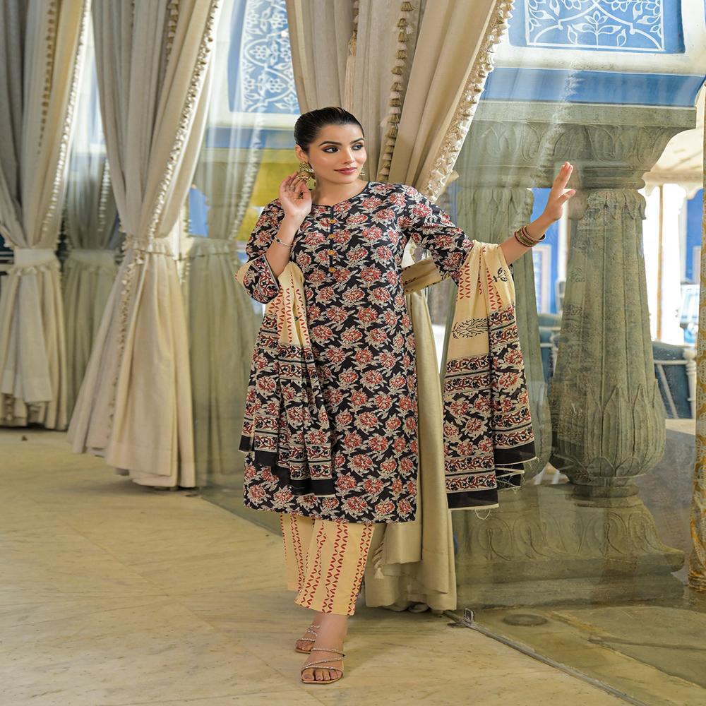 Divena Black Hand Block Cotton Straight Kurta Pant With Dupatta