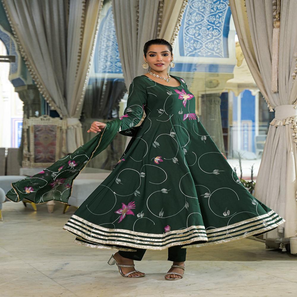 Divena Dark Green Hand Painted Cotton Anarkali Kurta Pant With Dupatta