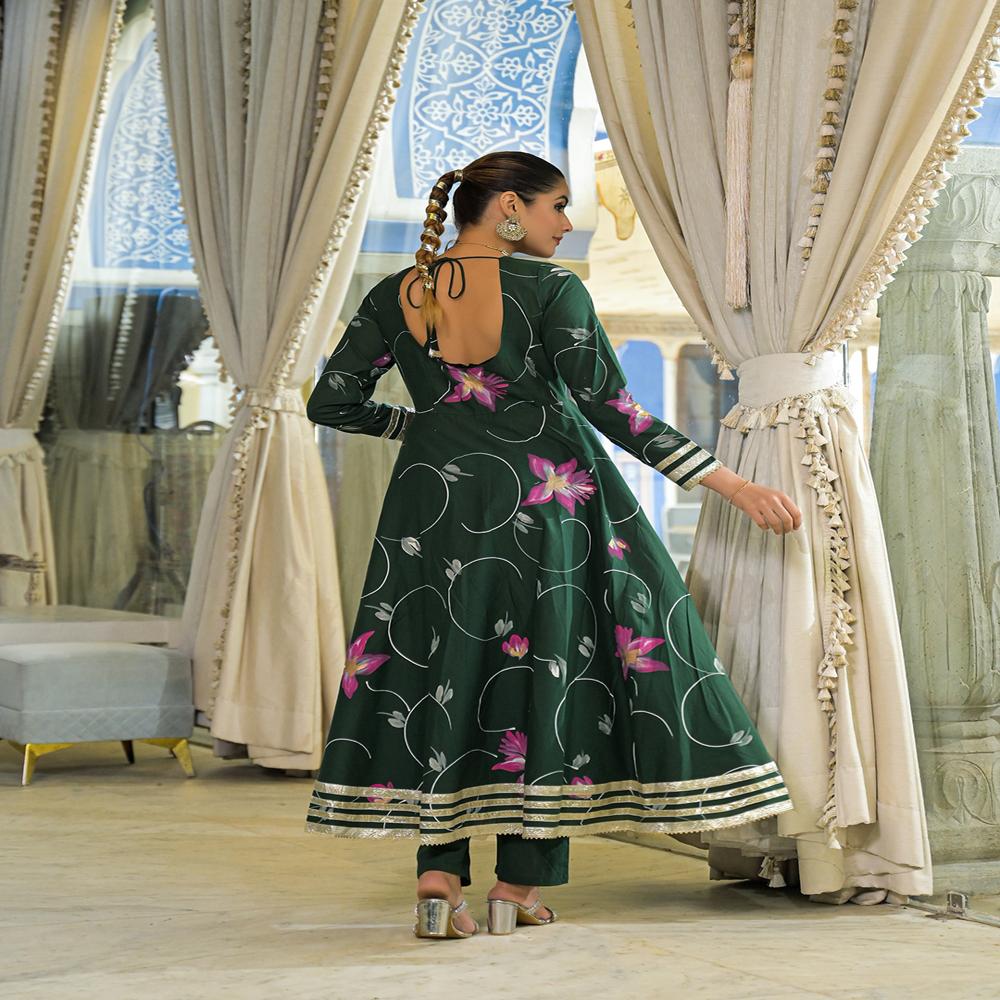 Divena Dark Green Hand Painted Cotton Anarkali Kurta Pant With Dupatta