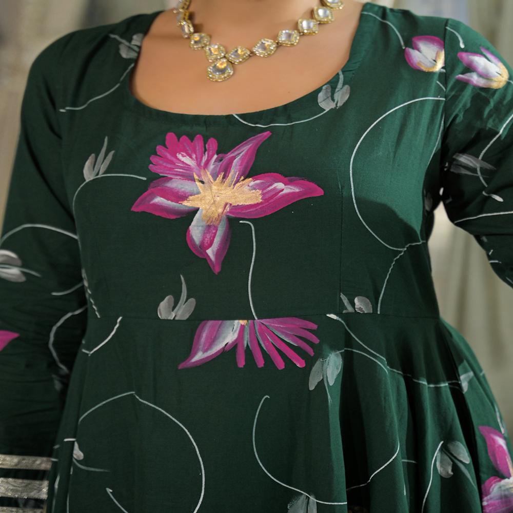 Divena Dark Green Hand Painted Cotton Anarkali Kurta Pant With Dupatta