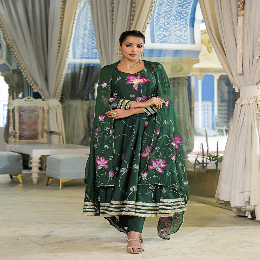 Divena Dark Green Hand Painted Cotton Anarkali Kurta Pant With Dupatta