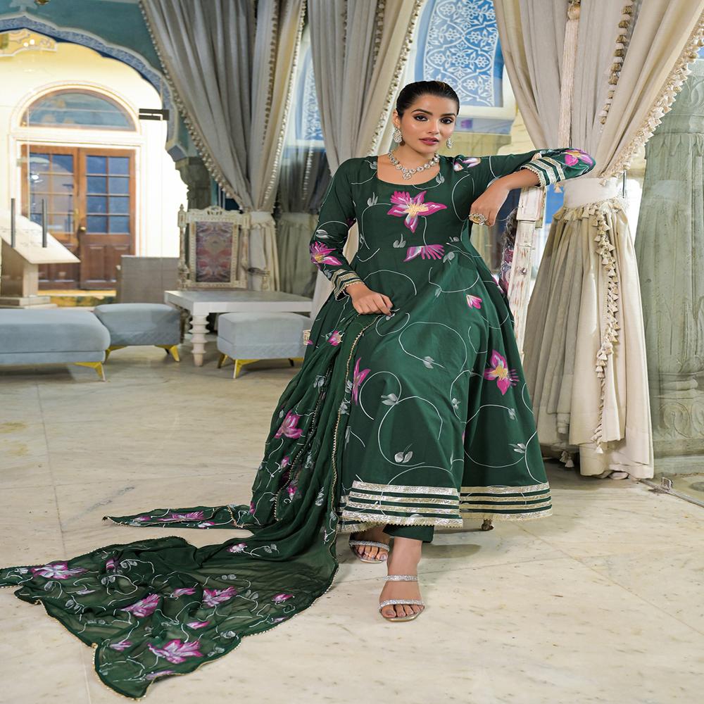 Divena Dark Green Hand Painted Cotton Anarkali Kurta Pant With Dupatta