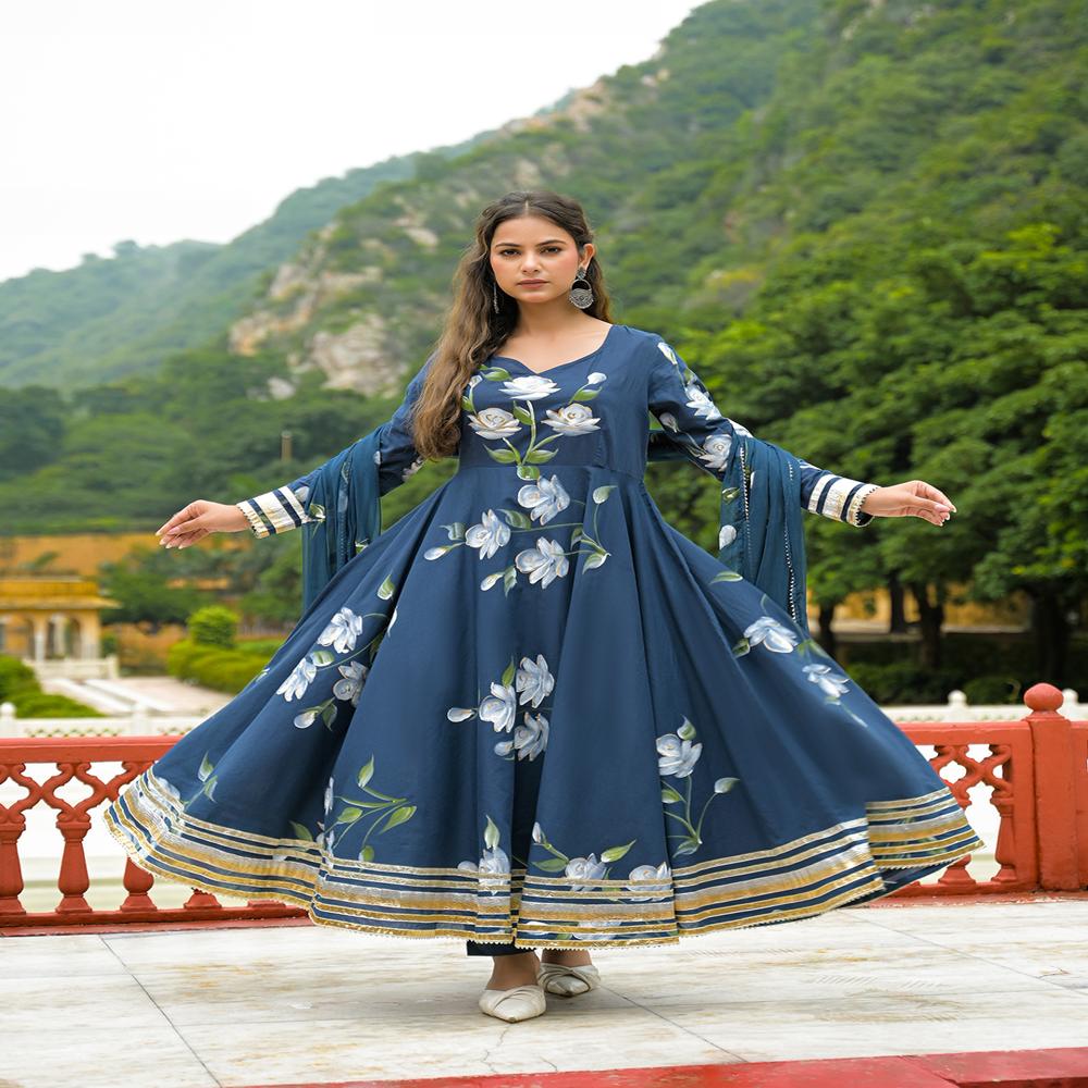 Divena Blue Hand Painted Cotton Anarkali Kurta Pant With Dupatta