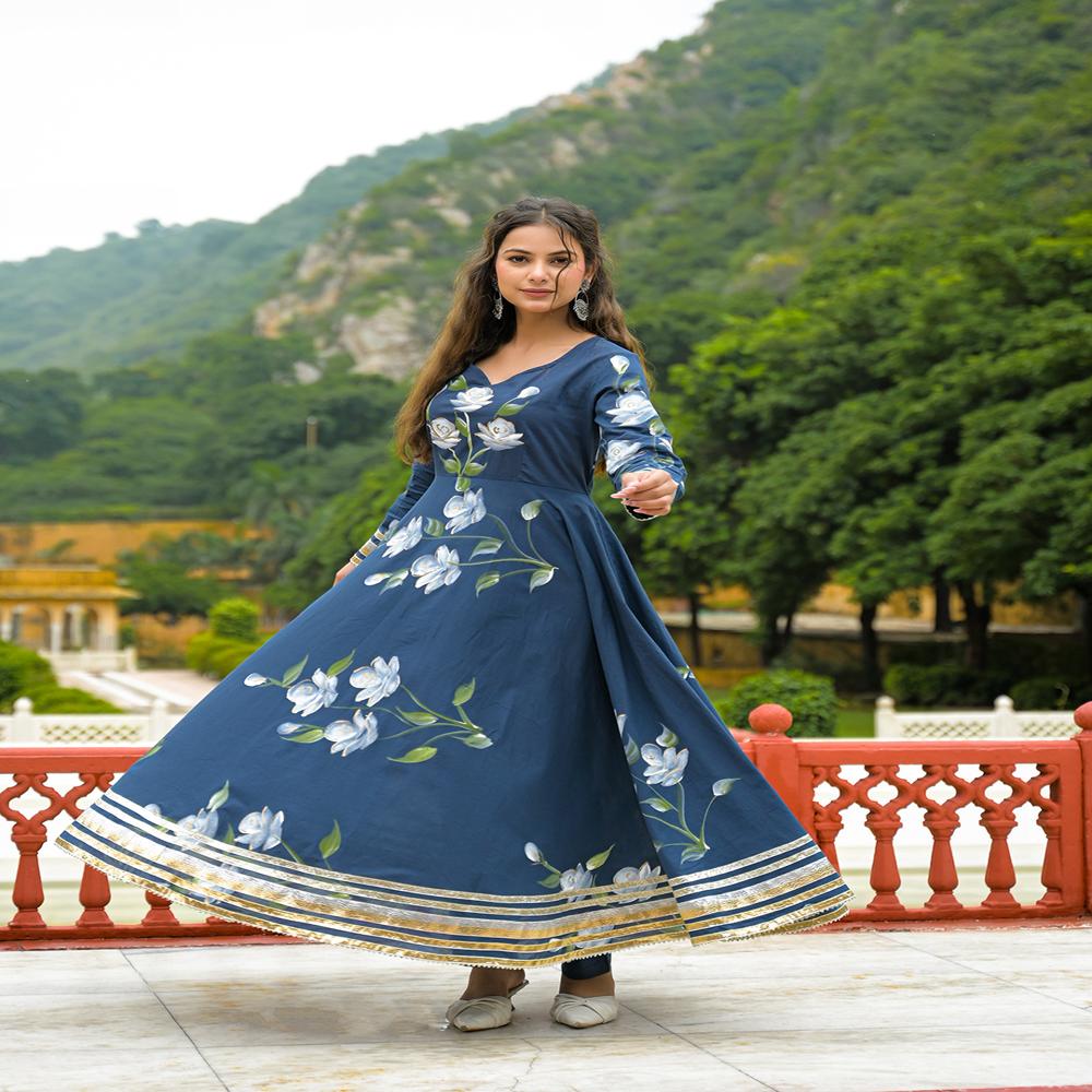 Divena Blue Hand Painted Cotton Anarkali Kurta Pant With Dupatta
