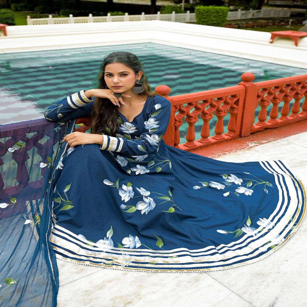 Divena Blue Hand Painted Cotton Anarkali Kurta Pant With Dupatta