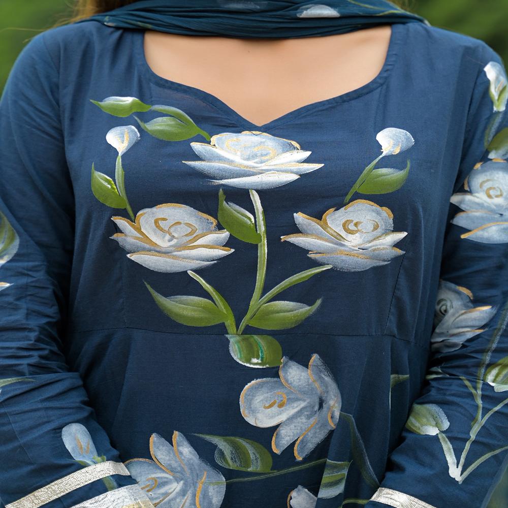 Divena Blue Hand Painted Cotton Anarkali Kurta Pant With Dupatta