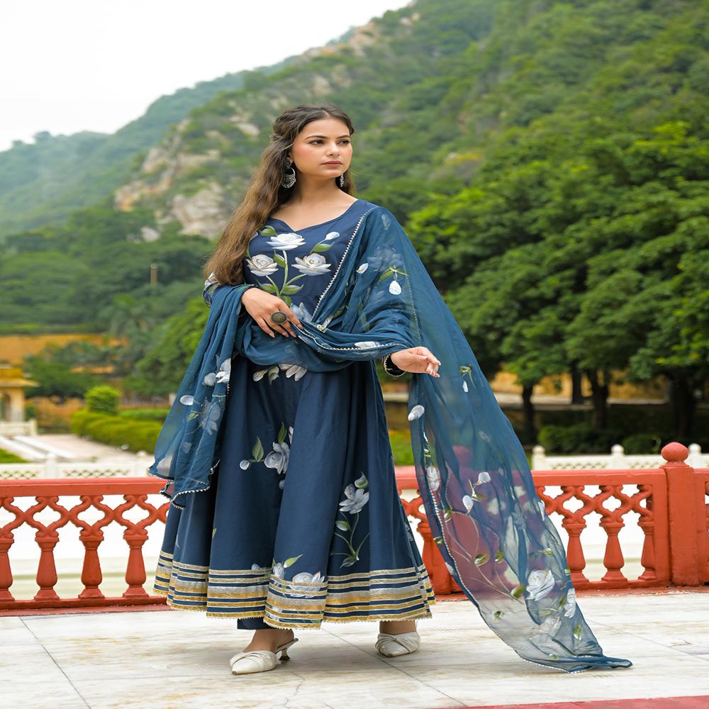 Divena Blue Hand Painted Cotton Anarkali Kurta Pant With Dupatta