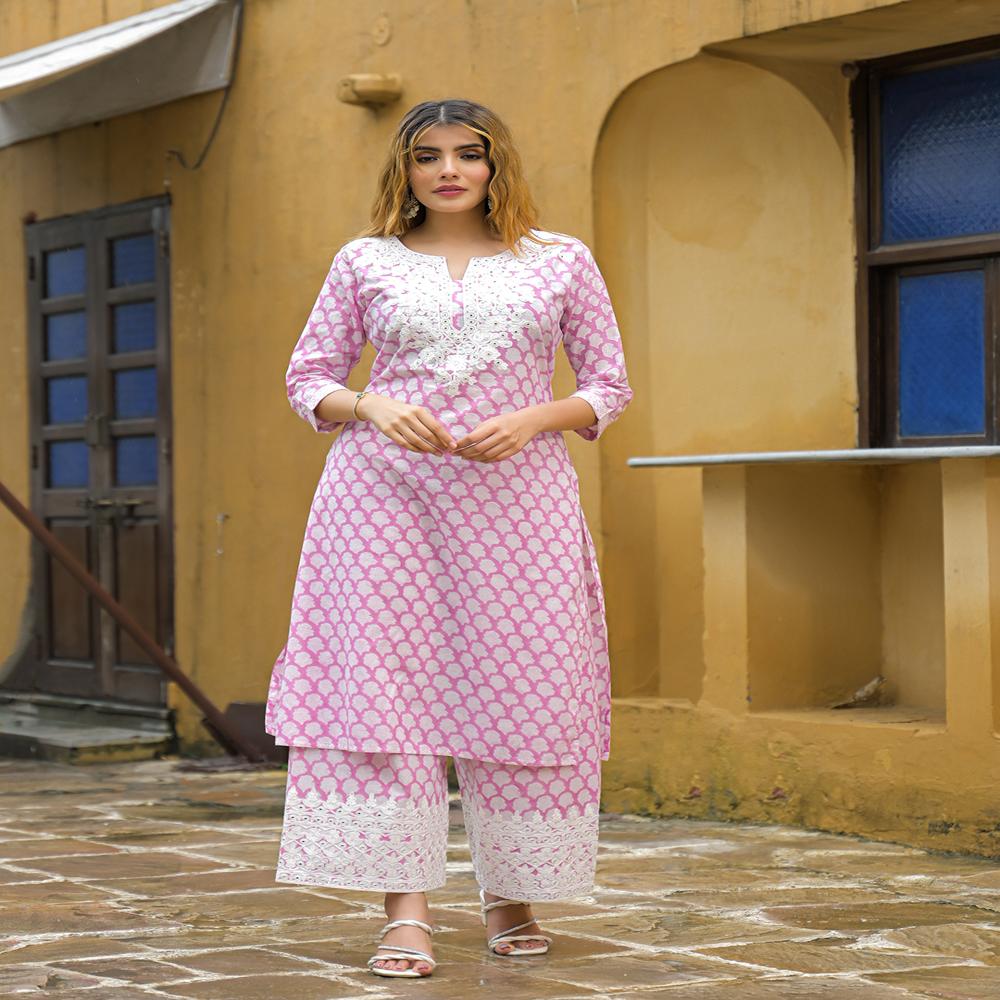 Divena Pink Hand Block Straight Cotton Kurta Pant Set
