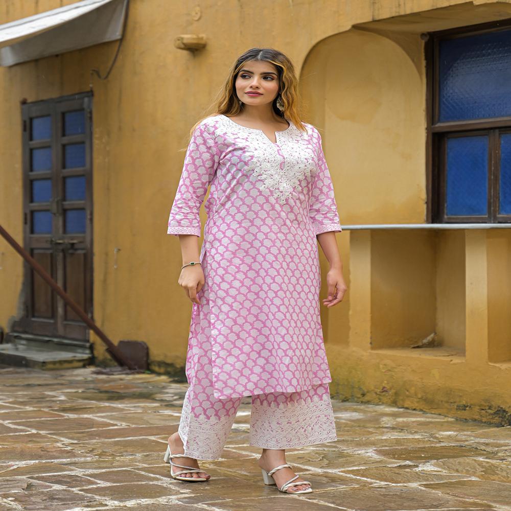Divena Pink Hand Block Straight Cotton Kurta Pant Set
