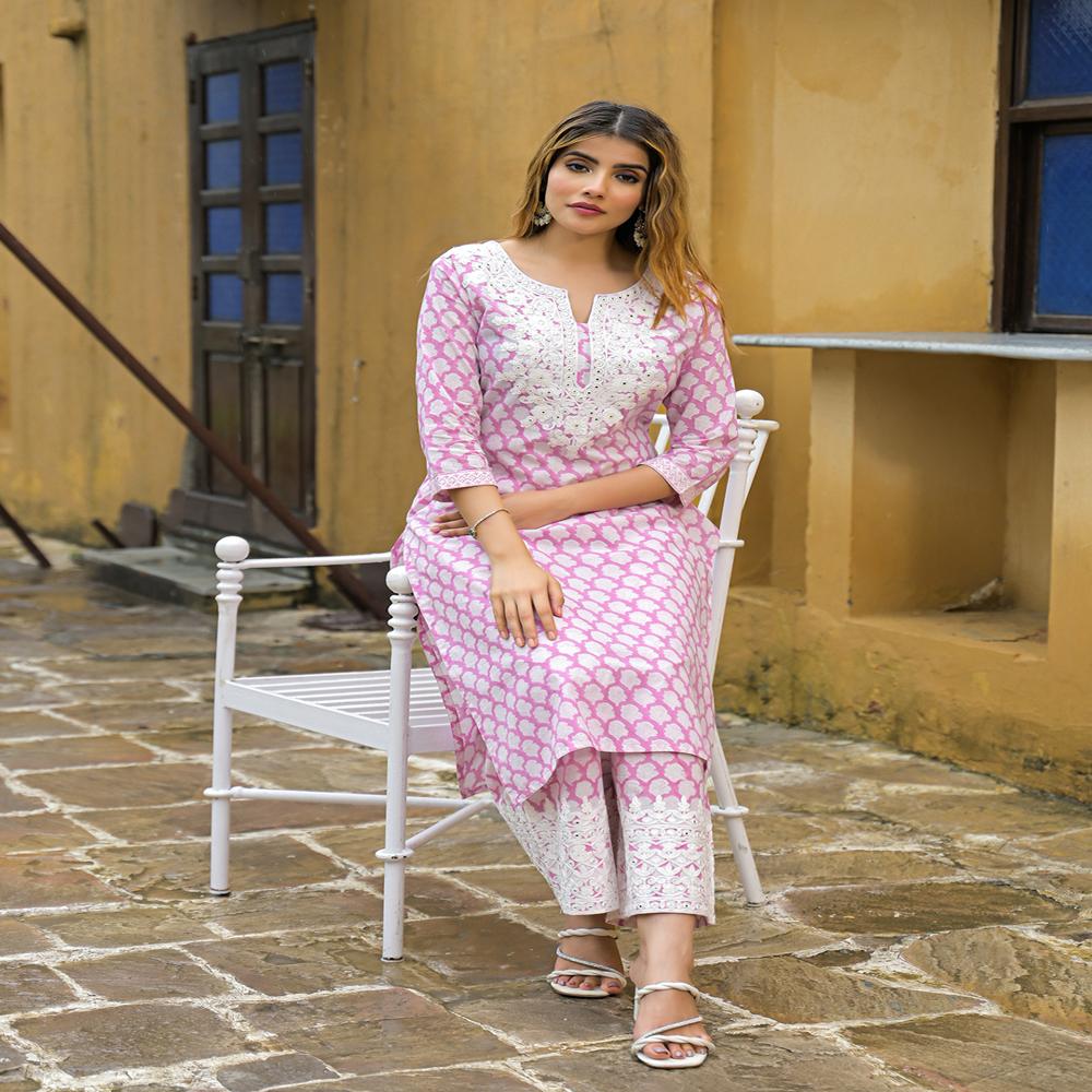 Divena Pink Hand Block Straight Cotton Kurta Pant Set