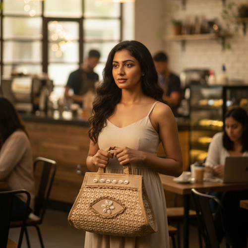 Ethnic Design Jute Bag - Color: Beige