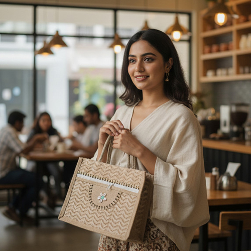 Brown Jute Hand Side Bags - Color: Beige