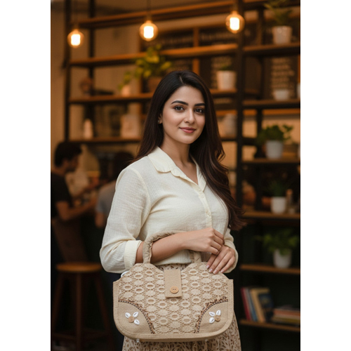 Small Handle Brown Jute Handbag