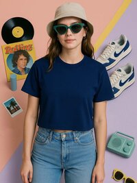 Ladies French Terry Navy Crop Top