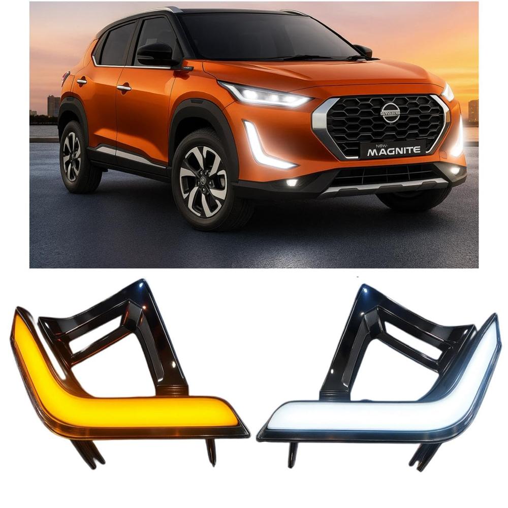 K D Led DRL Compatible for MAGNITE 2021 with Indicator(Set of 2) with wirings, with Chrome