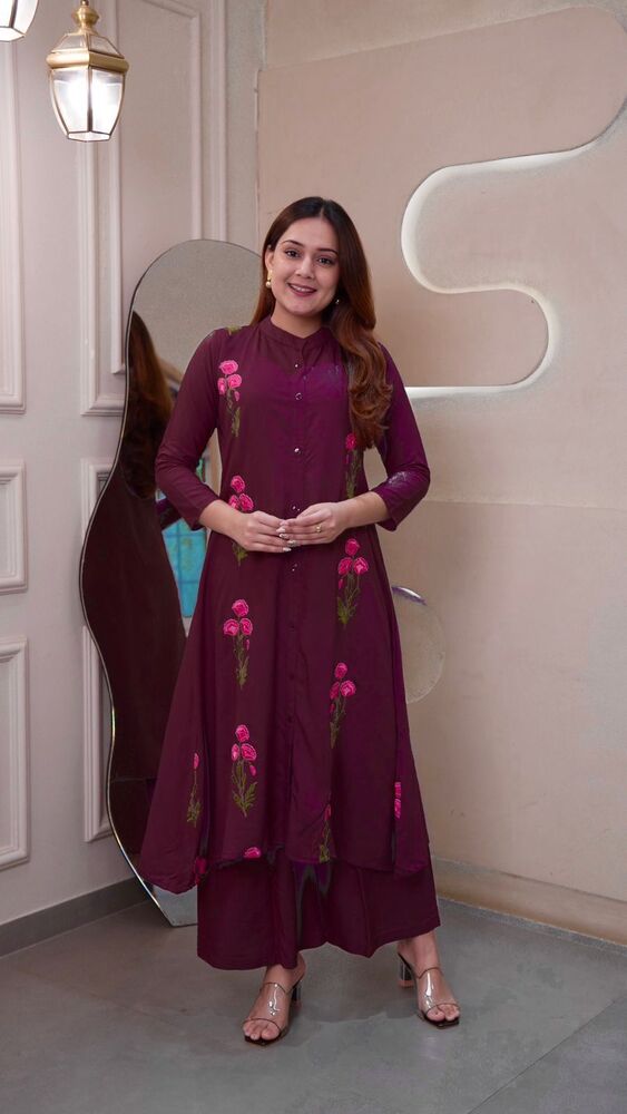 Long Flared Kurti With Palazzo - Color: Maroon
