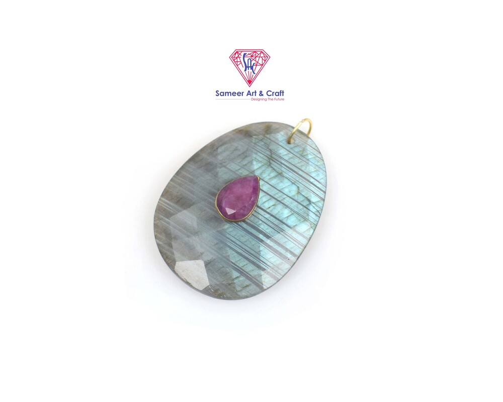 Unique Natural Gemstone Pendant Drop Shape Brass With Gold Plated