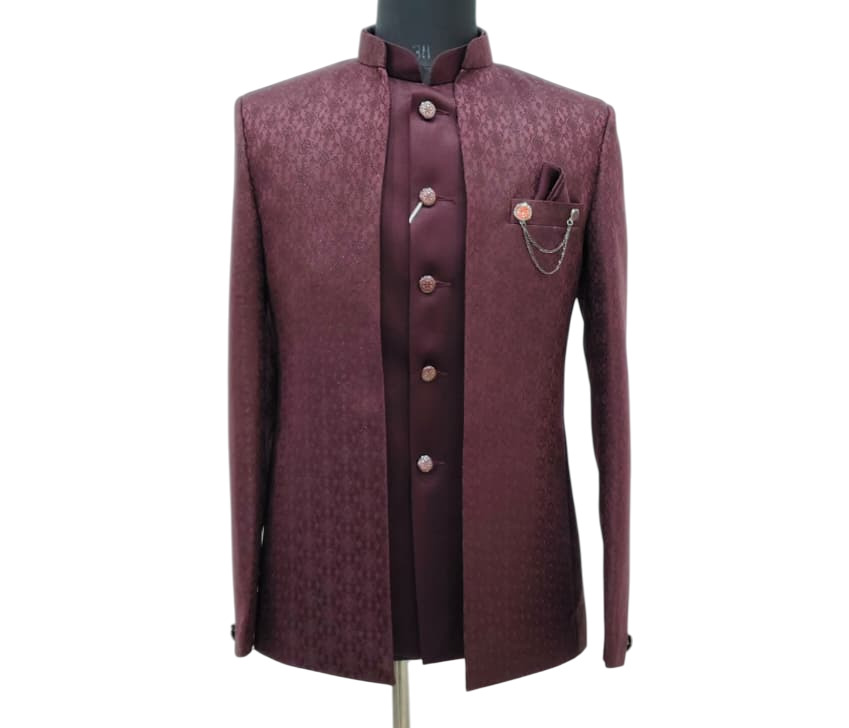 Printed Shrug Jodhpuri Suit - Color: Maroon