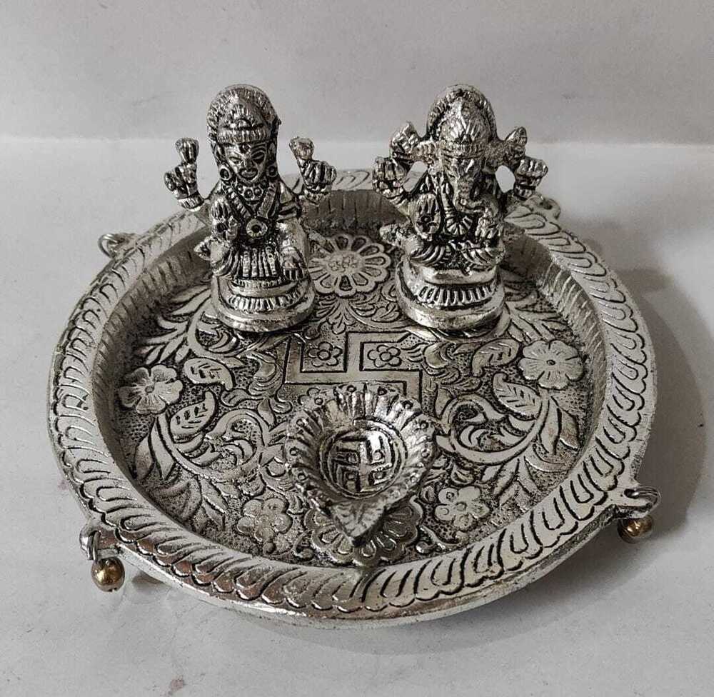 Spiritual Soul Silver-Plated Metal Pooja Thali with Laxmia Ganesha