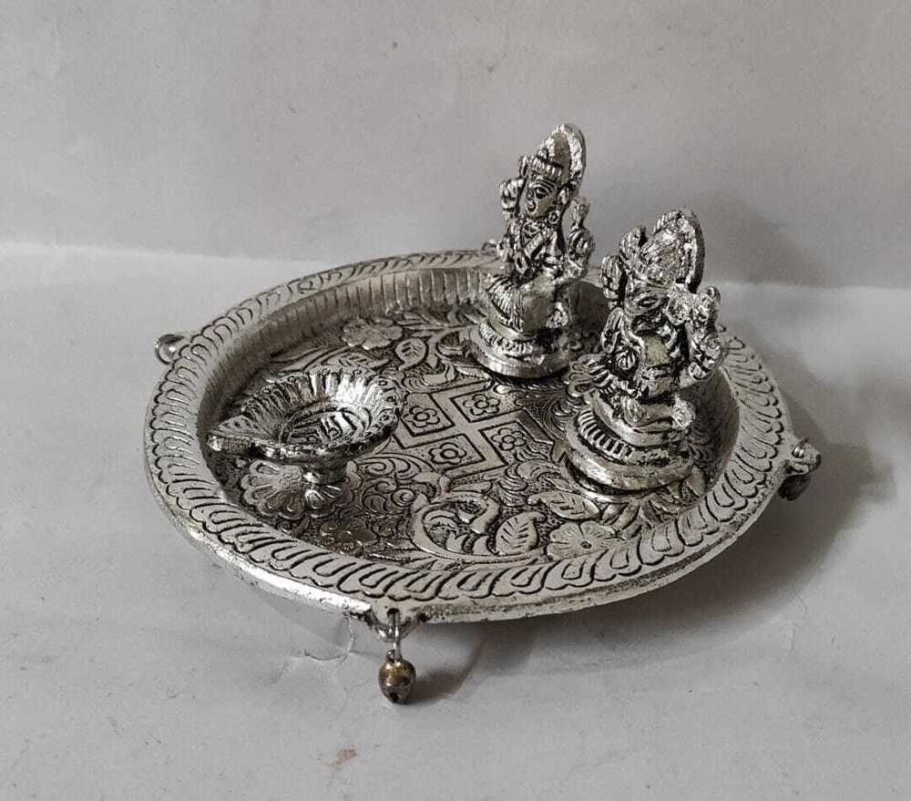 Spiritual Soul Silver-Plated Metal Pooja Thali with LaxmiGanesha