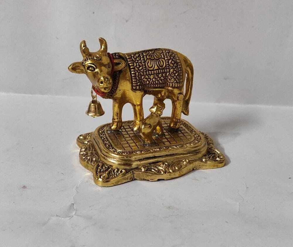Spiritual Soul Gold-Plated Aluminium Kamdhenu Cow & Calf Idol