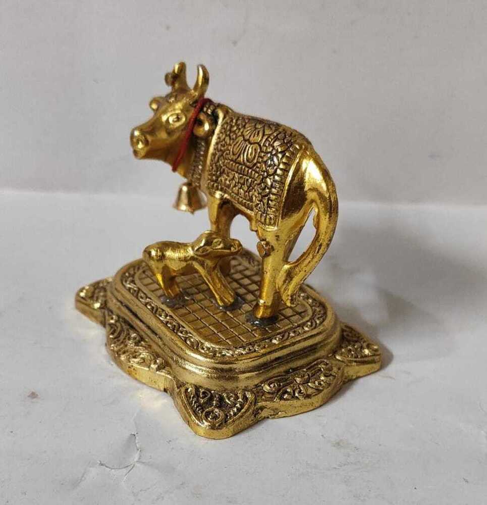 Spiritual Soul Gold-Plated Aluminium Kamdhenu Cow & Calf Idol