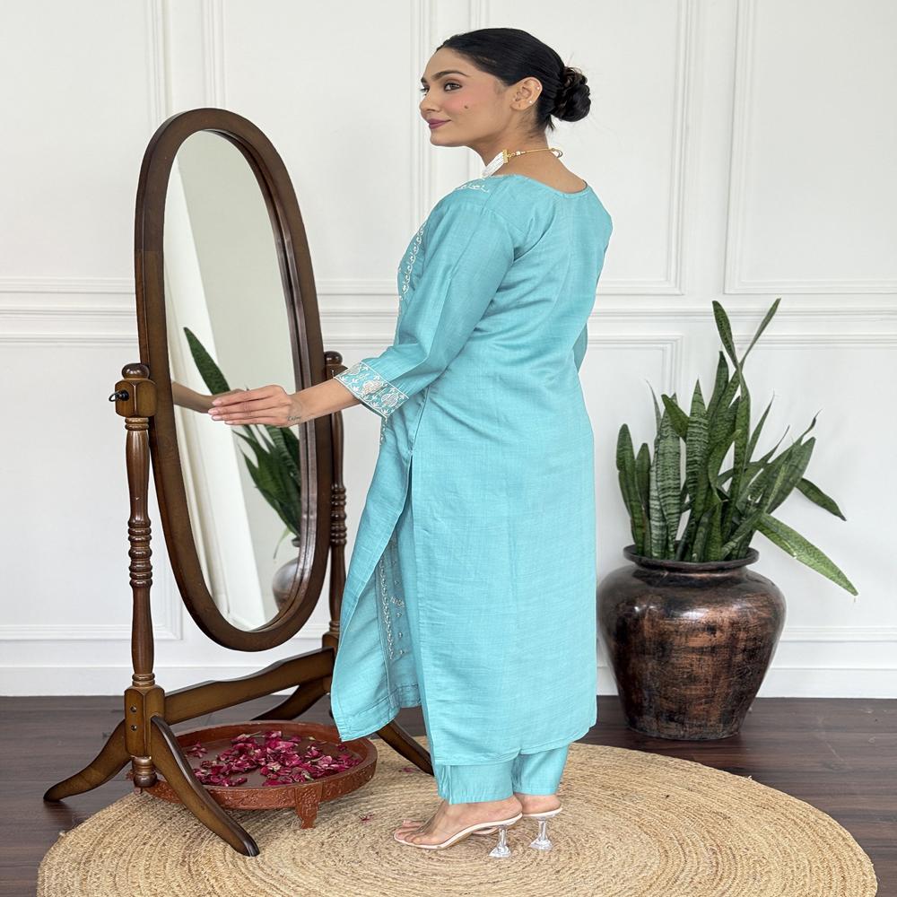 Sky Blue Kurta Pant Dupatta Set - Feature: Washable
