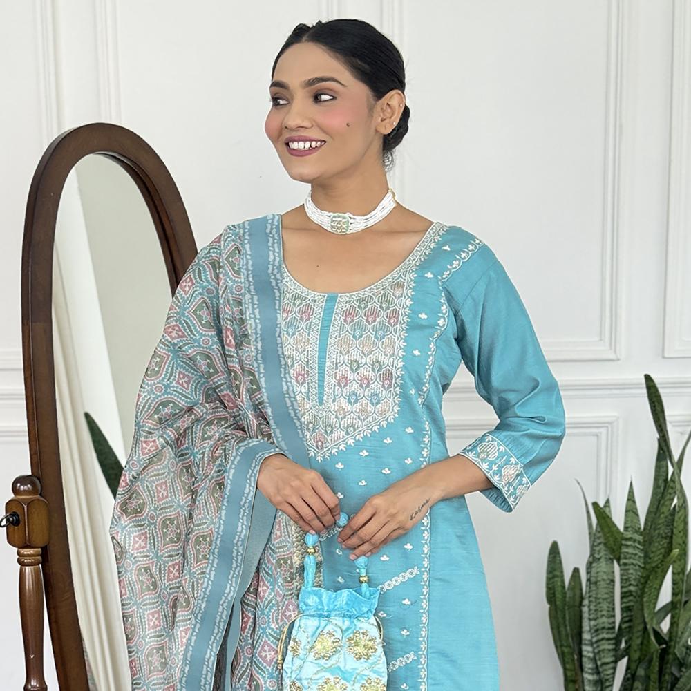 Sky Blue Kurta Pant Dupatta Set - Feature: Washable