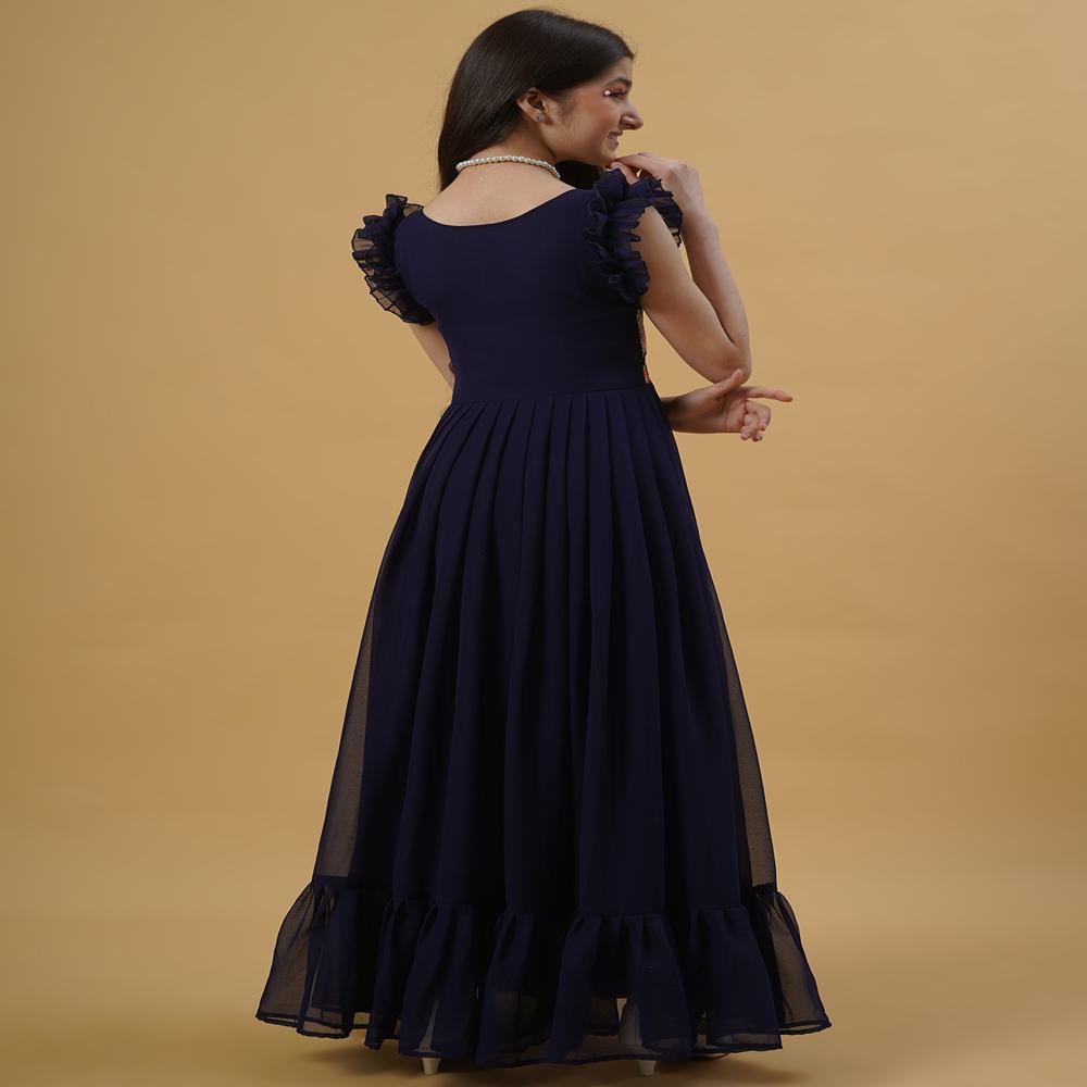 Embroidery Work Solid Flare Gown - Color: Dark Blue
