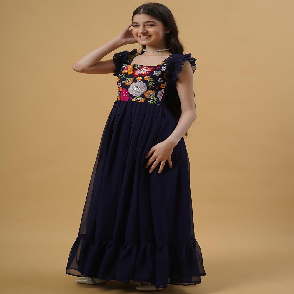 Embroidery Work Solid Flare Gown - Color: Dark Blue