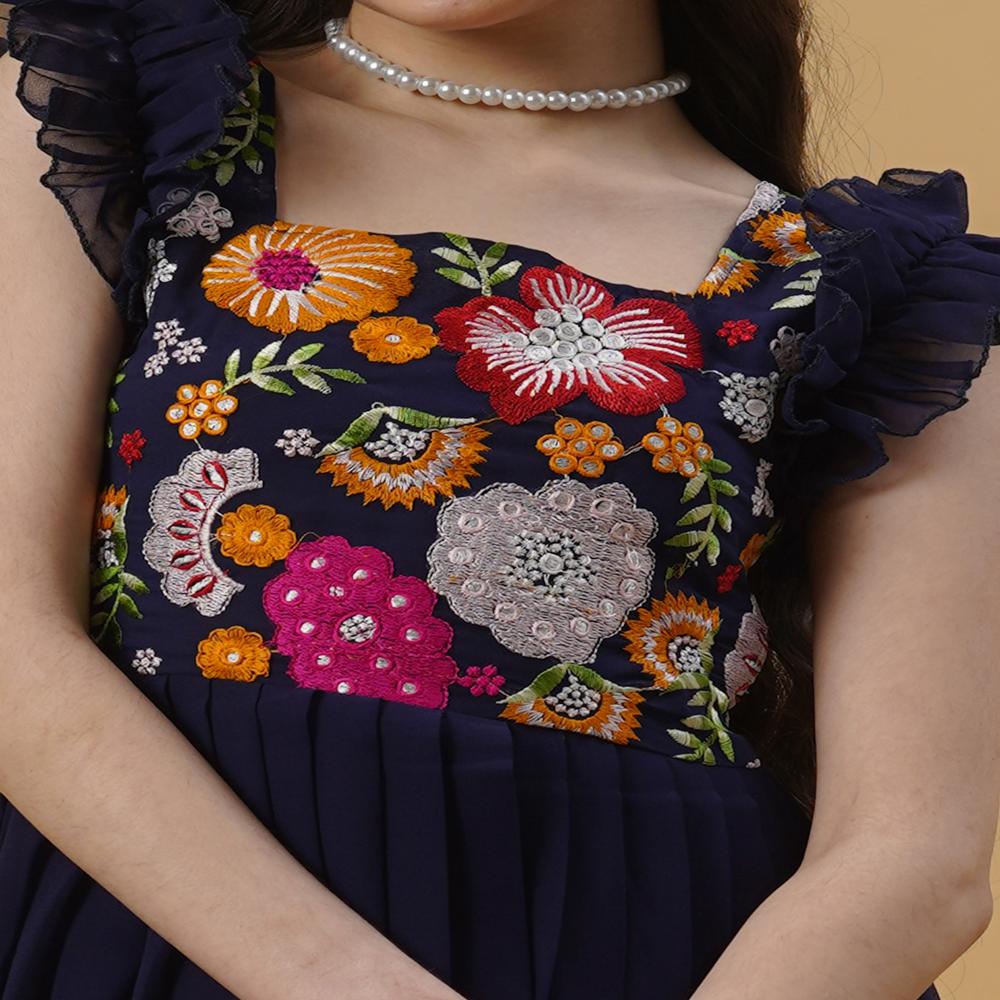 Embroidery Work Solid Flare Gown - Color: Dark Blue