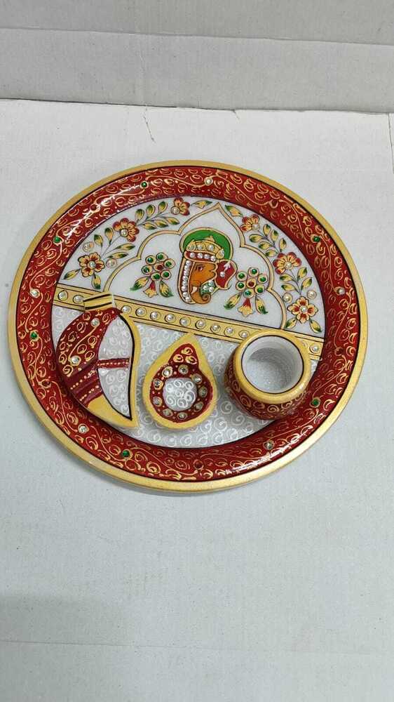 Spiritual Soul Marble Work Ganesh Pooja Thali Set A Handcrafted Meenakari Design - Color: Multicolor