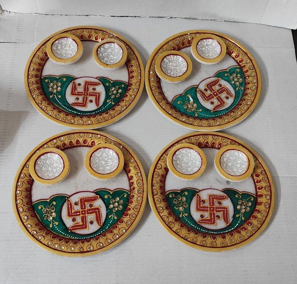 Spiritual Soul Marble Swastik Pooja Thali Set Handcrafted Meenakari Work (2 Bowl Design)