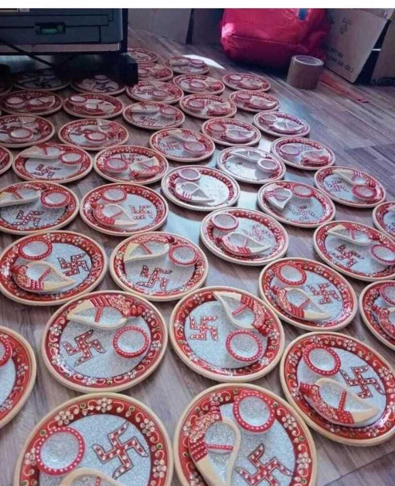 Spiritual Soul Marble Swastik Pooja Thali Set Handcrafted Meenakari Work (2 Bowl Design)