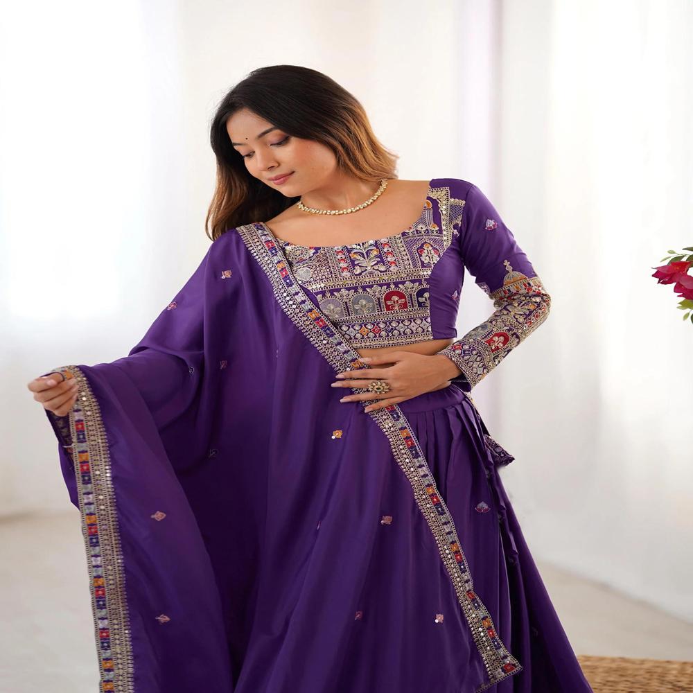 Purple Color Embellished Semi Stitched Lehenga Choli