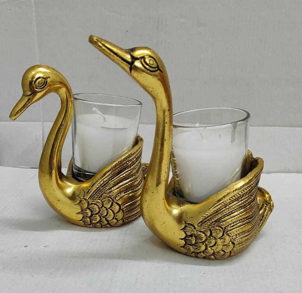 Spiritual Soul Golden Swan Candle Holder Set Elegant Tea Light Stand (Pair)