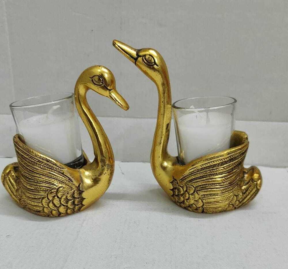 Spiritual Soul Golden Swan Candle Holder Set Elegant Tea Light Stand (Pair)